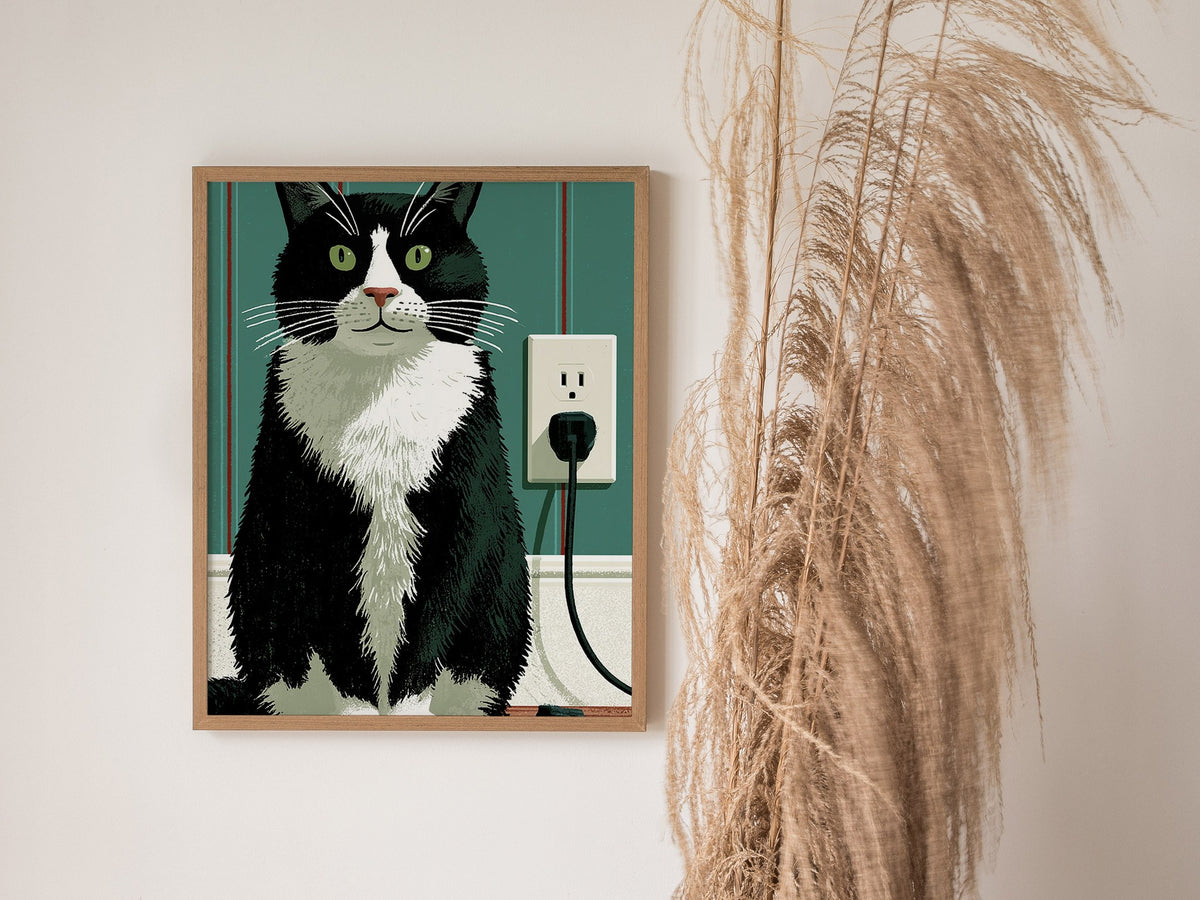 Tuxedo Cat Unplugged Poster | Sage and Cream Illustrative Art Print | Cat Lover Wall Art — styled in an interior