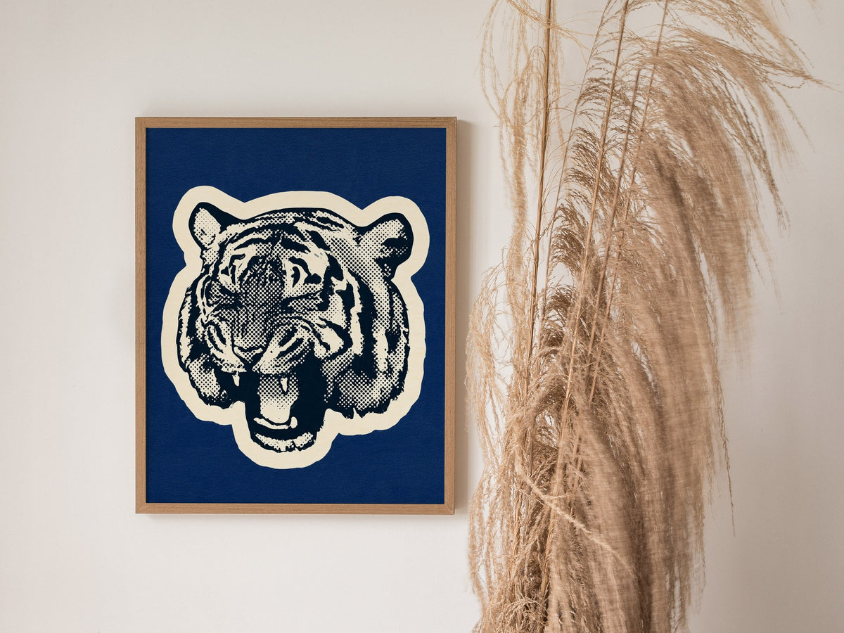 Tiger Roars Blue Poster | Navy and Cobalt Screen Print Art Print | Mid-Century Wall Art — styled in an interior