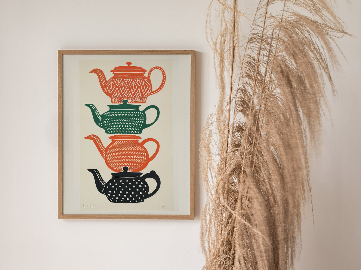 Stacked Teapots Poster | Burnt Orange Screen Print Art Print | Kitchen Wall Art — styled in an interior