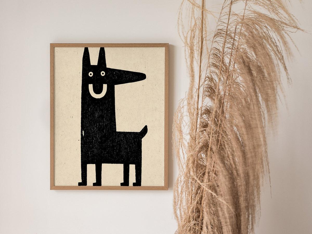 Grinning Dog Poster | Black and Cream Screen Print Art Print | Folk Art Wall Art — styled in an interior