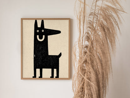 Grinning Dog Poster | Black and Cream Screen Print Art Print | Folk Art Wall Art — styled in an interior