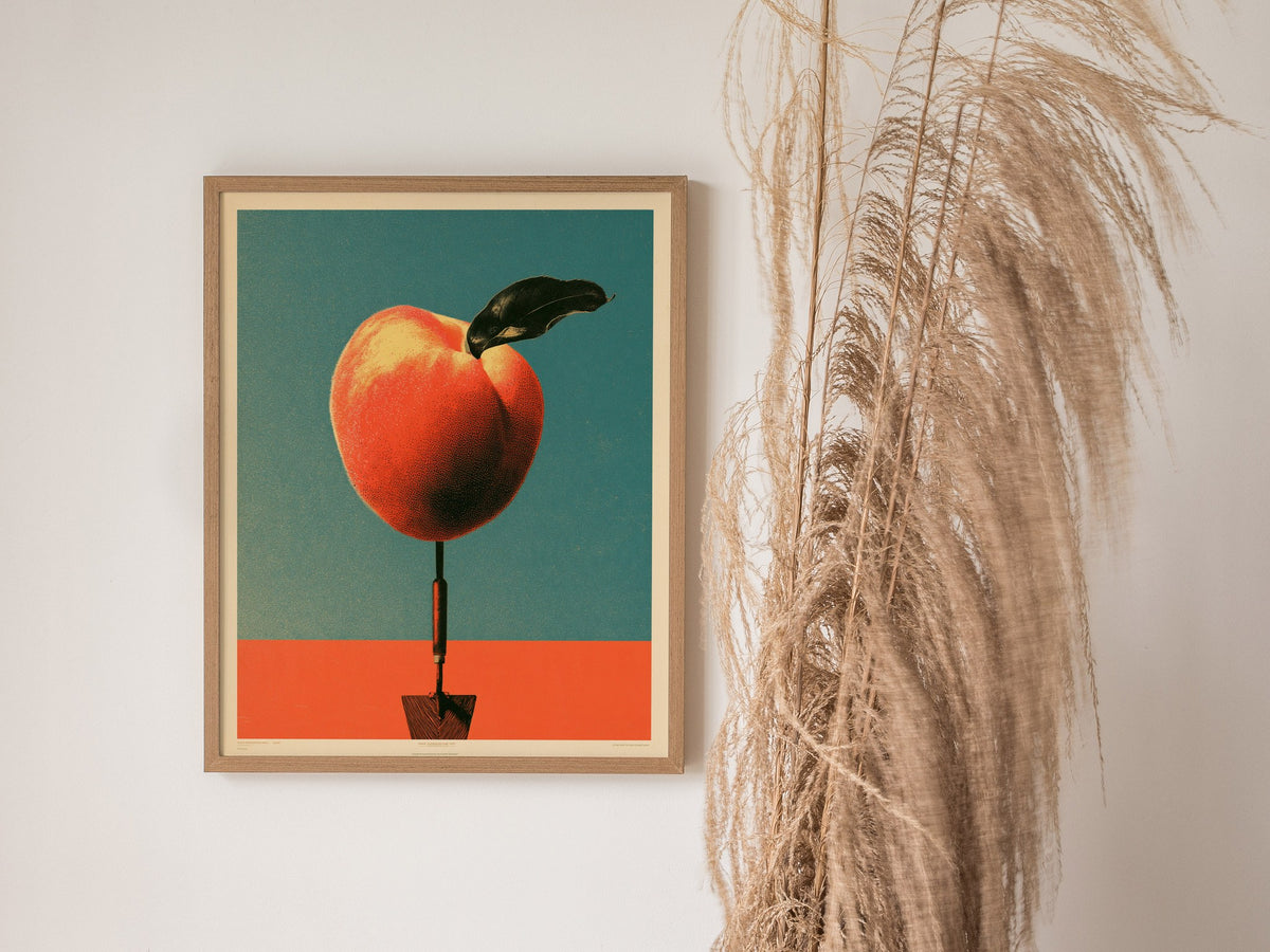 Trowel and Peach Poster | Teal and Orange Screen Print Art Print | Kitchen Wall Art — styled in an interior