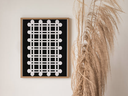 woven-grid Poster | Black and White Minimalism Art Print | Minimalist Wall Art — styled in an interior