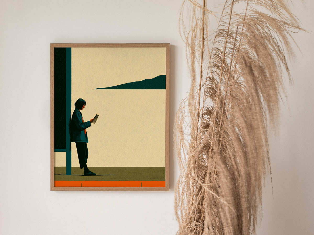 Woman Waits Morning Poster | Teal and Orange Illustrative Art Print | Urban Minimalist Wall Art — styled in an interior