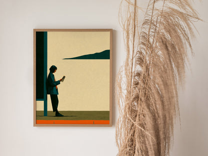 Woman Waits Morning Poster | Teal and Orange Illustrative Art Print | Urban Minimalist Wall Art — styled in an interior