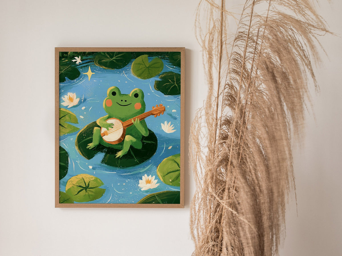 Frog Plays Banjo Poster | Lime and Teal Cute Art Print | Kids Room Wall Art — styled in an interior