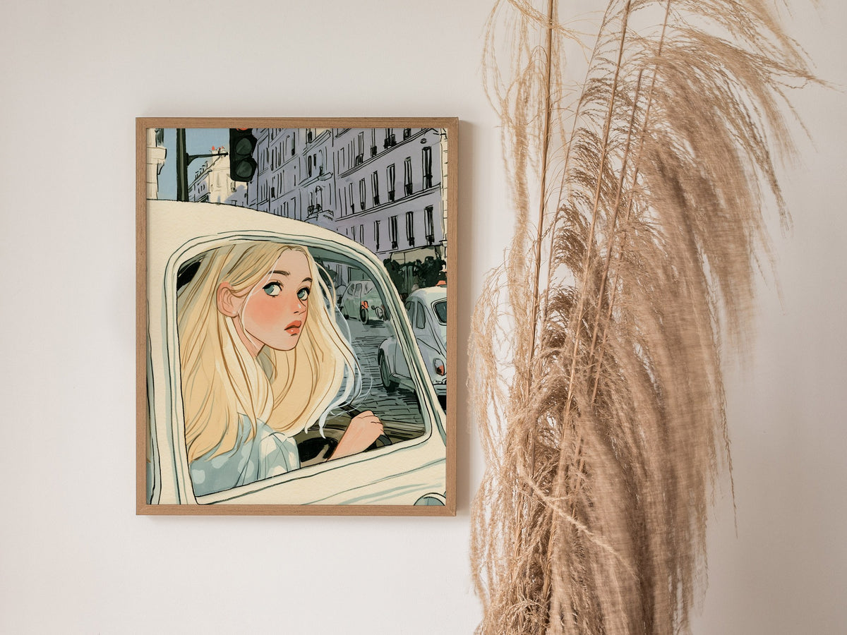 Girl Waits Red Poster | Cream and Sage Illustrative Art Print | Romantic Vintage Wall Art — styled in an interior