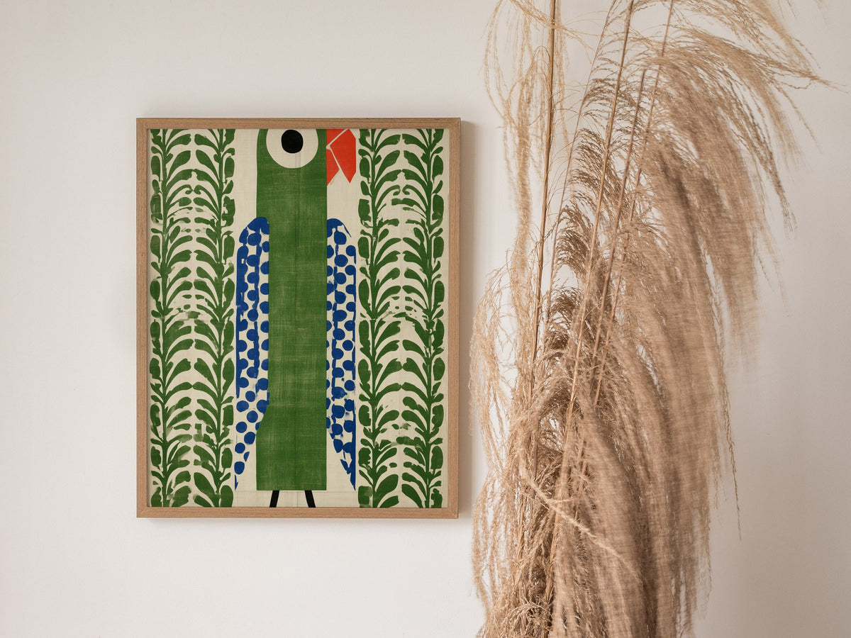 parrot-in-green Poster | Emerald and Jade Flat Design Art Print | Modern Minimal Wall Art — styled in an interior