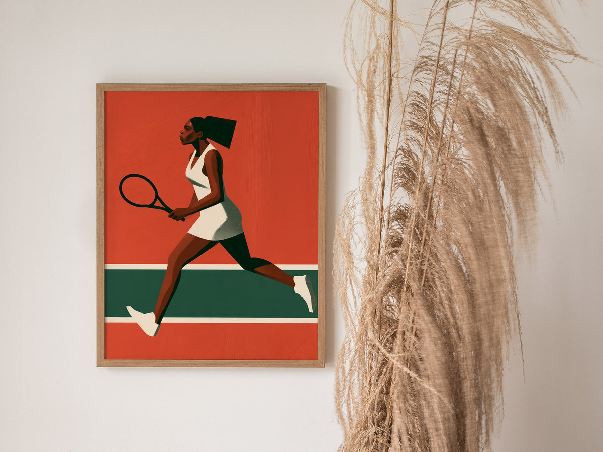 Clay Court Stride Poster | Coral and Green Illustrative Art Print | Tennis Wall Art — styled in an interior