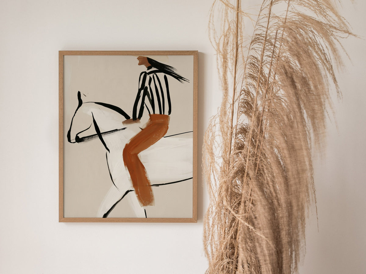 Rider Turns West Poster | Rust and Cream Illustrative Art Print | Western Wall Art — styled in an interior