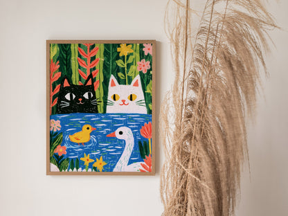 Forest Pond Companions Poster | Forest Green Illustrative Art Print | Kids Room Wall Art — styled in an interior