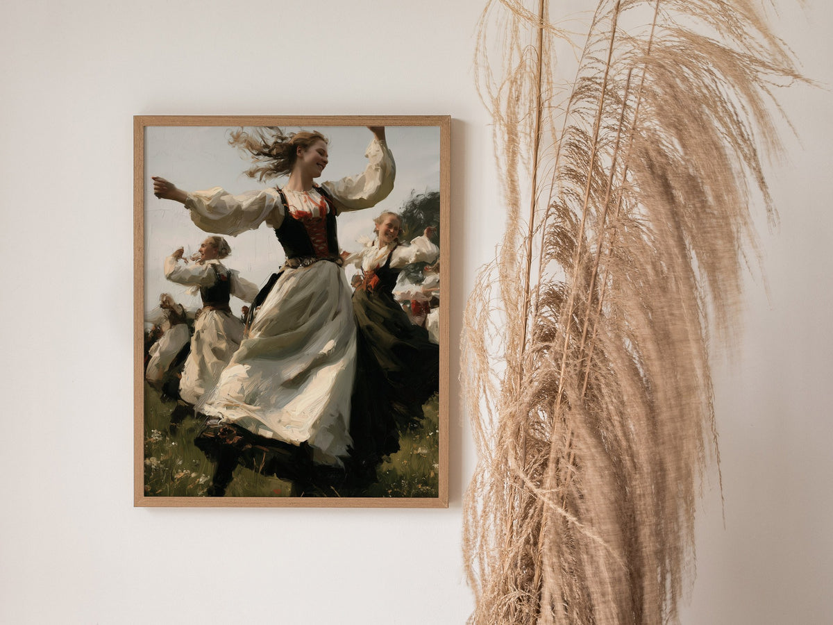 Woman Spins Summer Poster | Cream and Earth Oil Painting Art Print | Folk Art Wall Art — styled in an interior