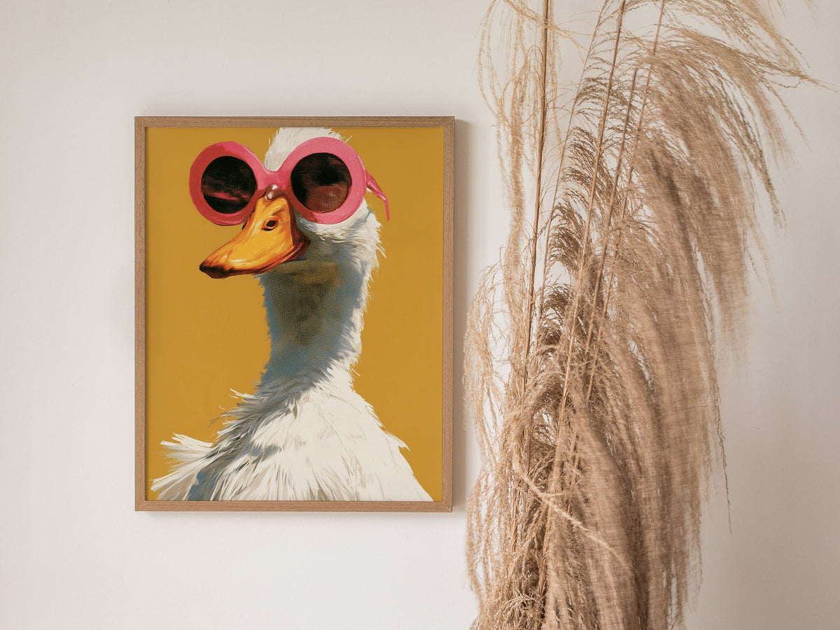 Duck in Pink Shades Poster | Mustard and Pink Screen Print Art Print | Playful Modern Wall Art — styled in an interior