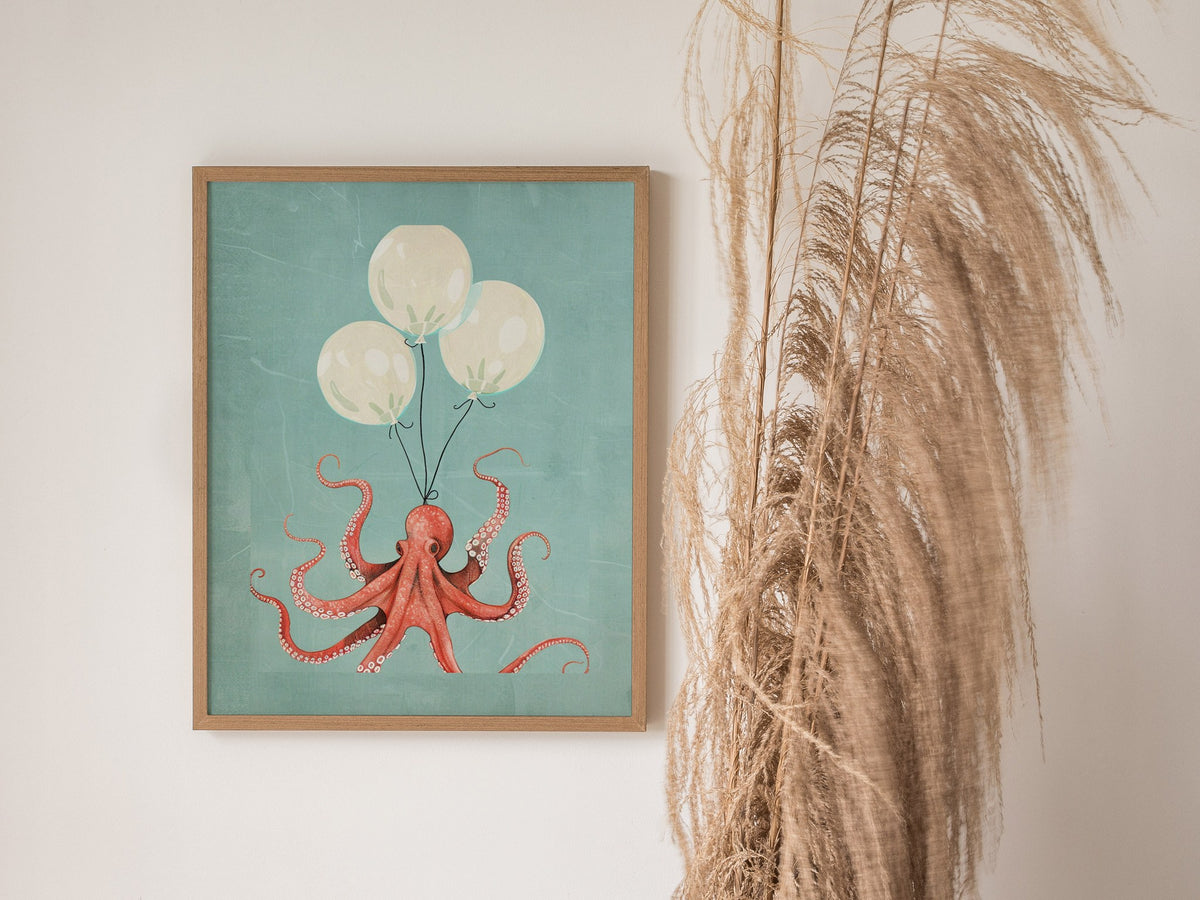 Balloon Octopus Poster | Coral and Teal Illustrative Art Print | Surrealist Wall Art — styled in an interior