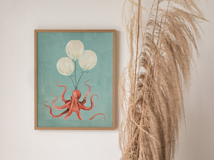 Balloon Octopus Poster | Coral and Teal Illustrative Art Print | Surrealist Wall Art — styled in an interior