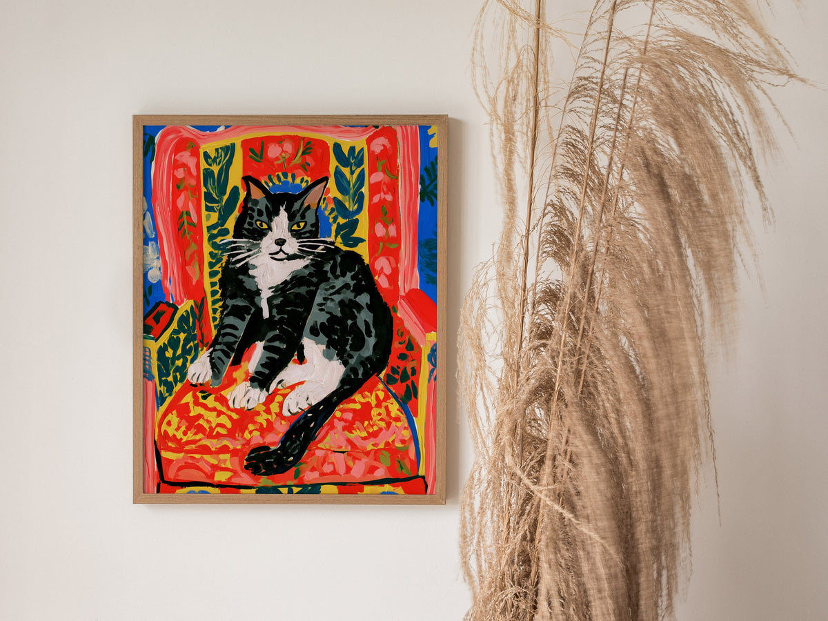 Cat Claims Chair Poster | Cobalt and Red Matisse Style Art Print | Cat Lover Wall Art — styled in an interior