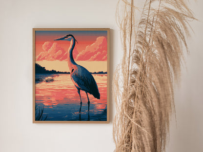 Heron Walks Dusk Poster | Coral and Slate Pixel Art Print | Retro Gaming Wall Art — styled in an interior