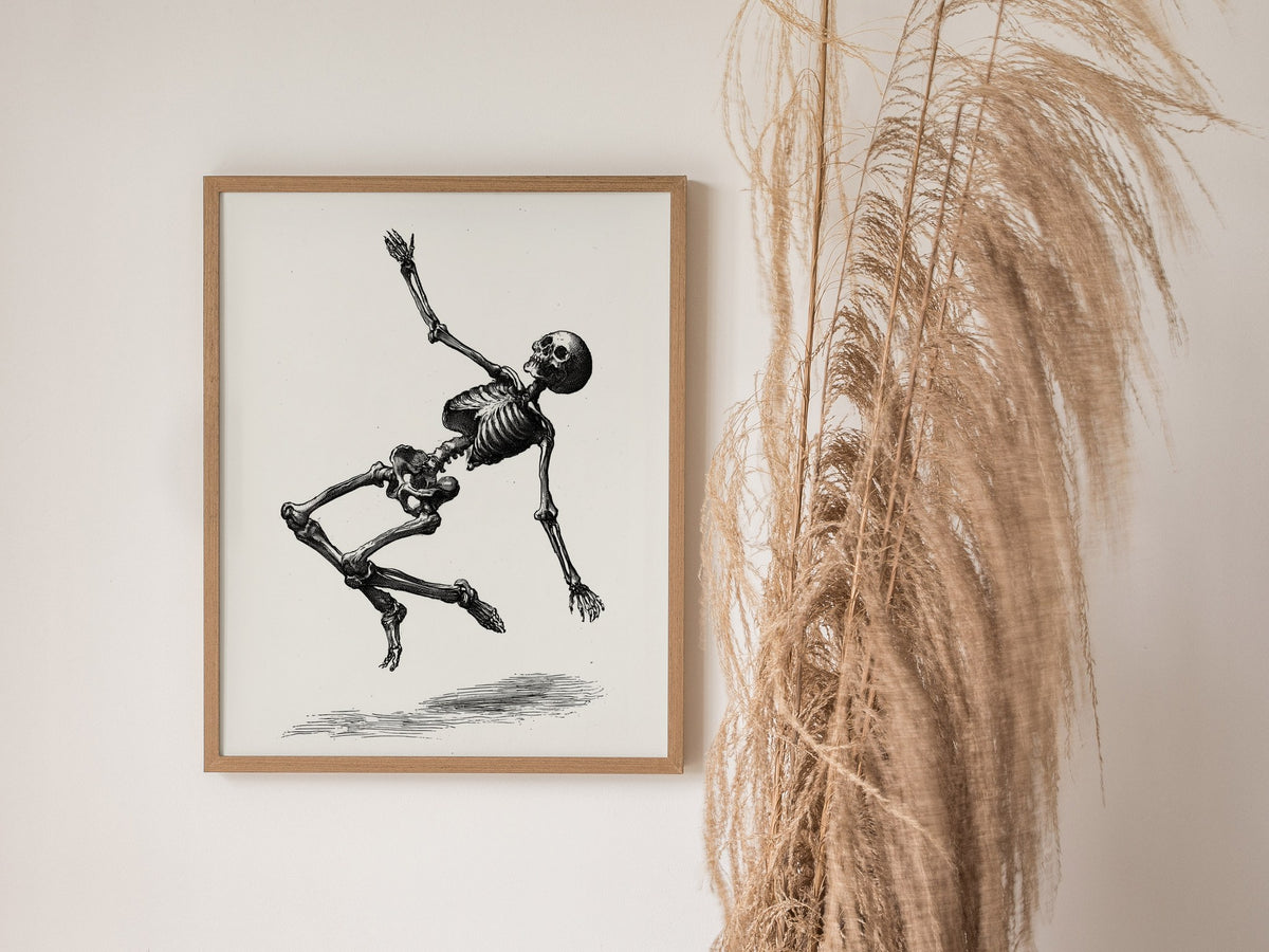 Skeleton Falls Poster | Cream and Black Pen and Ink Art Print | Dark Academia Wall Art — styled in an interior