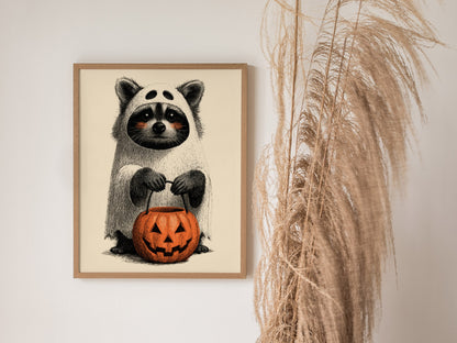 Raccoon Trick-or-treats Poster | Gray and Orange Pen and Ink Art Print | Halloween Wall Art — styled in an interior