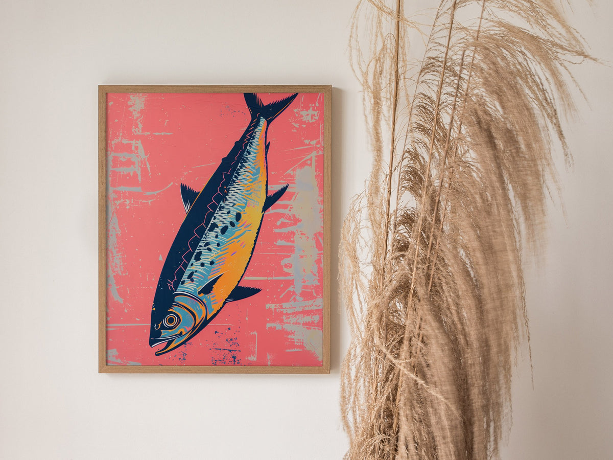 Sardine Tin on Pink Poster | Pink and Cobalt Screen Print Art Print | Kitchen Wall Art — styled in an interior
