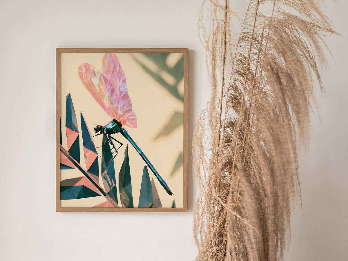 Damselfly Lands Crystal Poster | Teal and Lavender Low Poly Art Print | Modern Minimalist Wall Art — styled in an interior