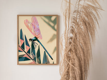 Damselfly Lands Crystal Poster | Teal and Lavender Low Poly Art Print | Modern Minimalist Wall Art — styled in an interior