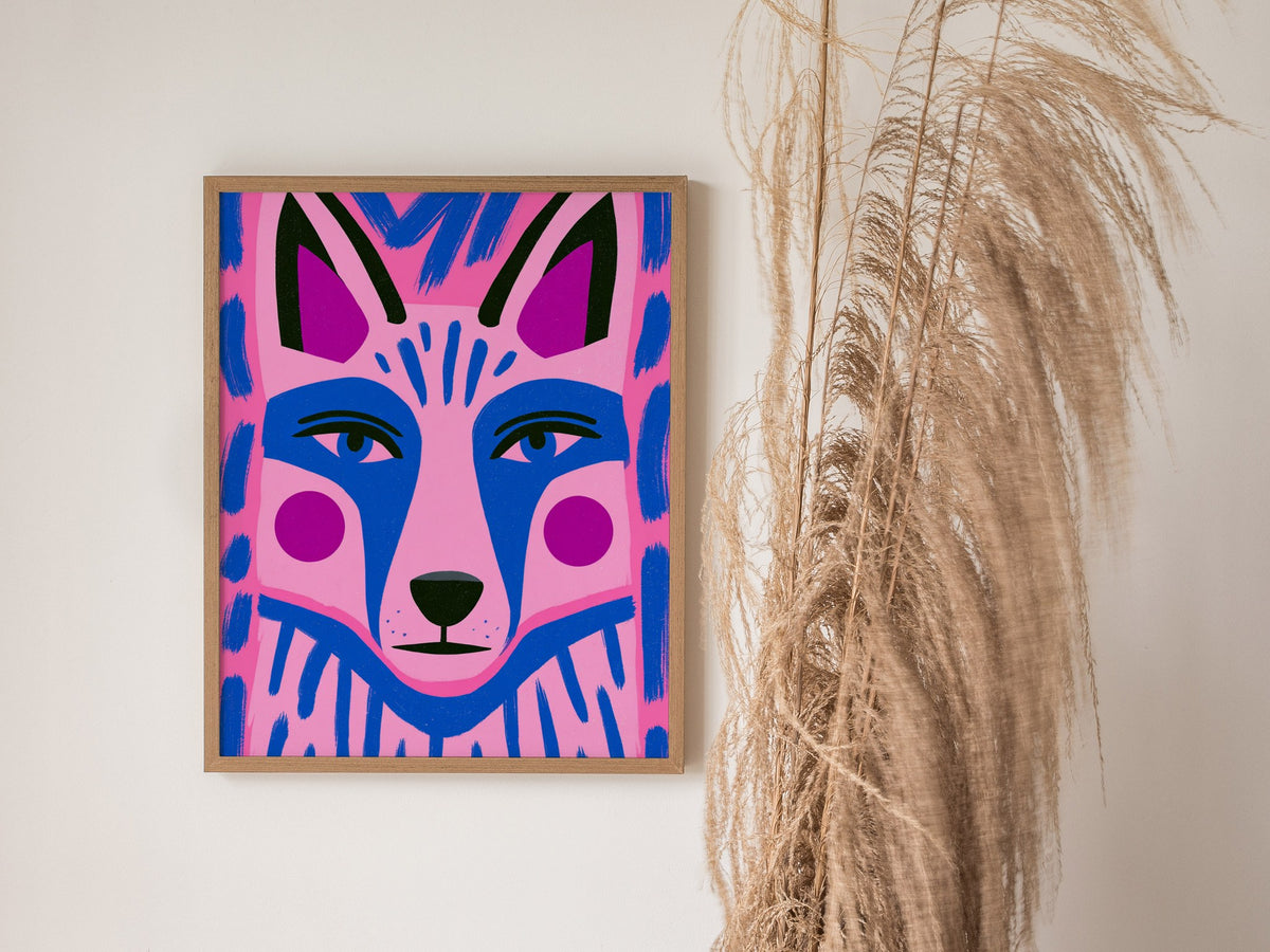 Fox Faces Forward Poster | Pink and Blue Illustrative Art Print | Kids Room Wall Art — styled in an interior