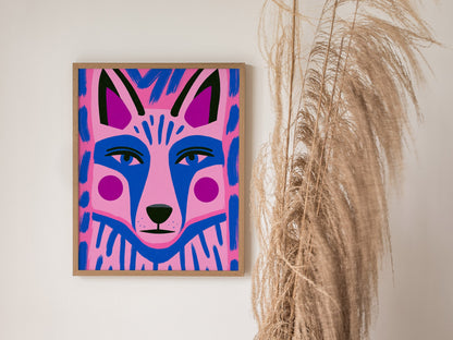 Fox Faces Forward Poster | Pink and Blue Illustrative Art Print | Kids Room Wall Art — styled in an interior