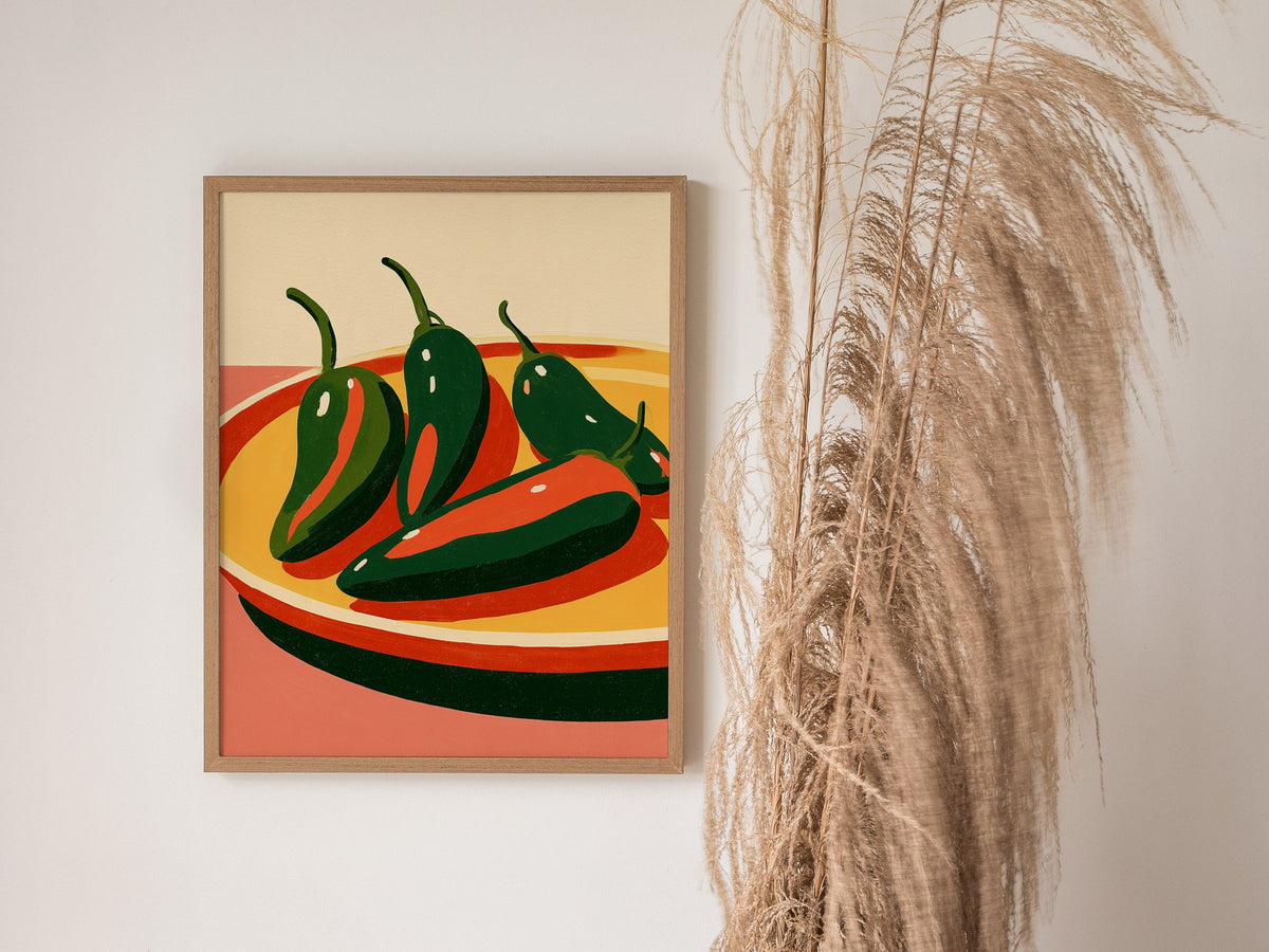 peppers-on-yellow-plate Poster | Yellow and Red Illustrative Art Print | Kitchen Wall Art — styled in an interior