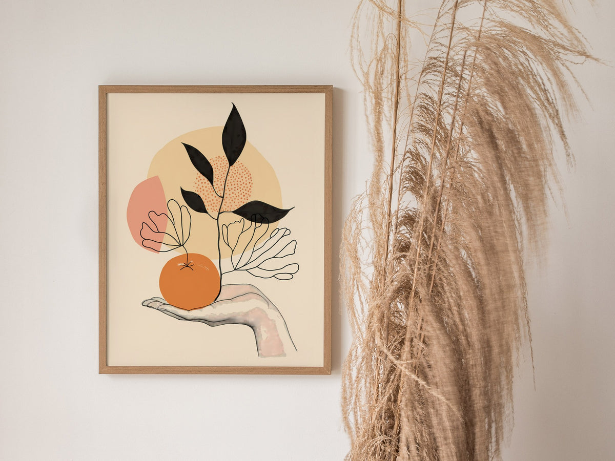 Hand Holds Peach Poster | Peach and Coral Minimalism Art Print | Minimalist Kitchen Wall Art — styled in an interior