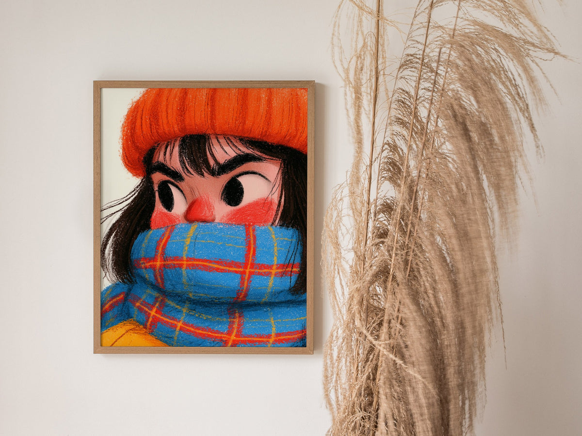 Girl Bundles Up Poster | Orange and Blue Illustrative Art Print | Kids Room Wall Art — styled in an interior