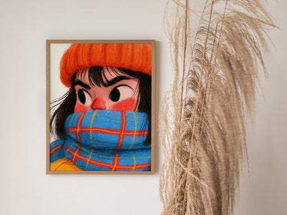 Girl Bundles Up Poster | Orange and Blue Illustrative Art Print | Kids Room Wall Art — styled in an interior