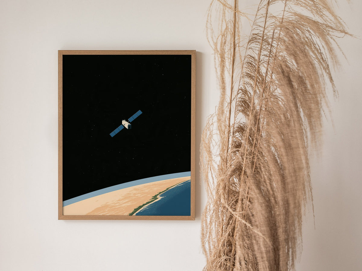 Satellite Keeps Watch Poster | Blue and Tan Illustrative Art Print | Space Enthusiast Wall Art — styled in an interior