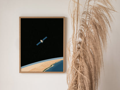 Satellite Keeps Watch Poster | Blue and Tan Illustrative Art Print | Space Enthusiast Wall Art — styled in an interior