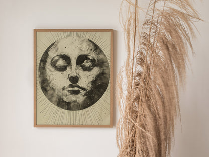 Ink Sun Face Poster | Black and Cream Pen and Ink Art Print | Dark Academia Wall Art — styled in an interior