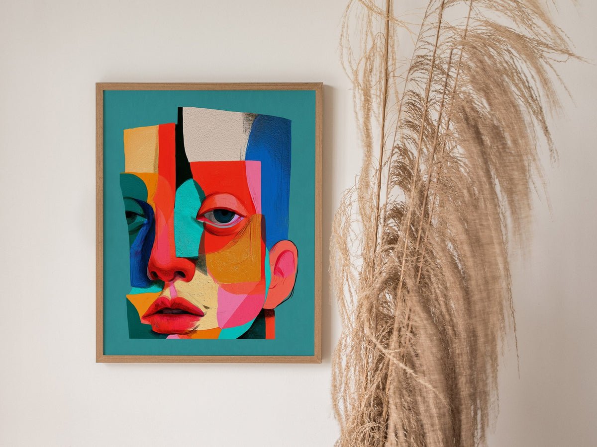 Split Face Mosaic Poster | Teal and Coral Illustrative Art Print | Modern Portrait Wall Art — styled in an interior