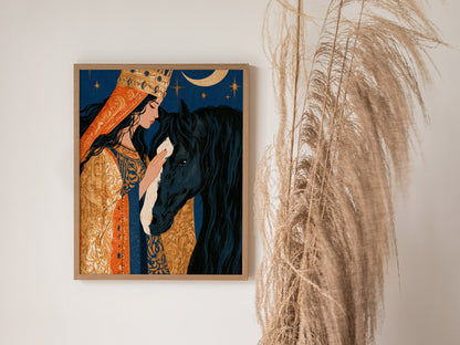 Queen Greets Night Poster | Gold and Midnight Illustrative Art Print | Dark Fantasy Wall Art — styled in an interior