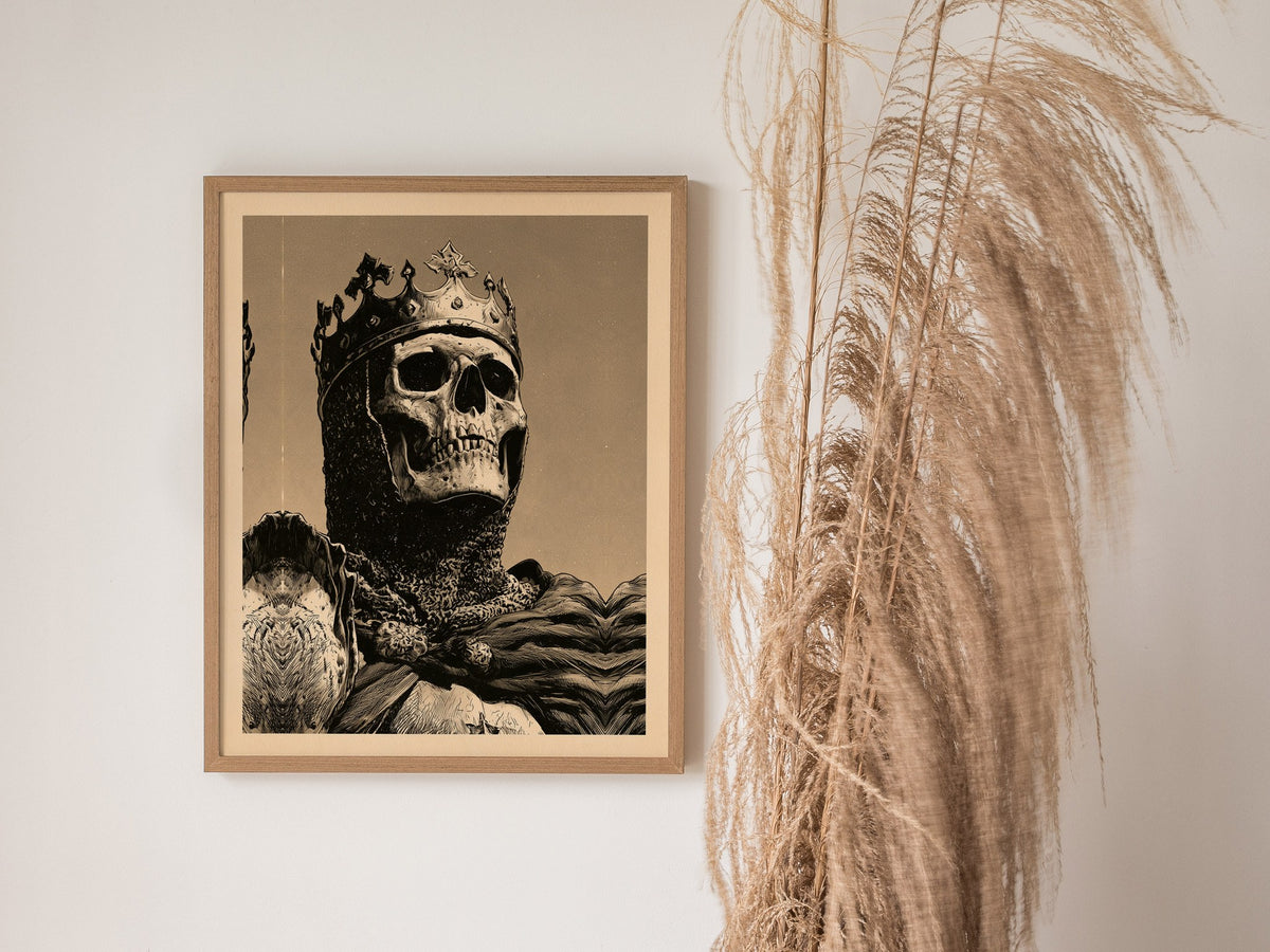 Dead King Reigns Poster | Red and Sepia Pen and Ink Art Print | Dark Fantasy Wall Art — styled in an interior