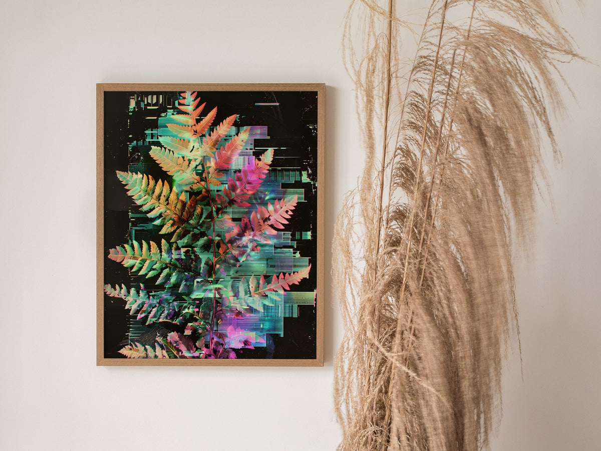 Glitch Fern Poster | Cyan and Magenta Abstract Art Print | Digital Art Wall Art — styled in an interior