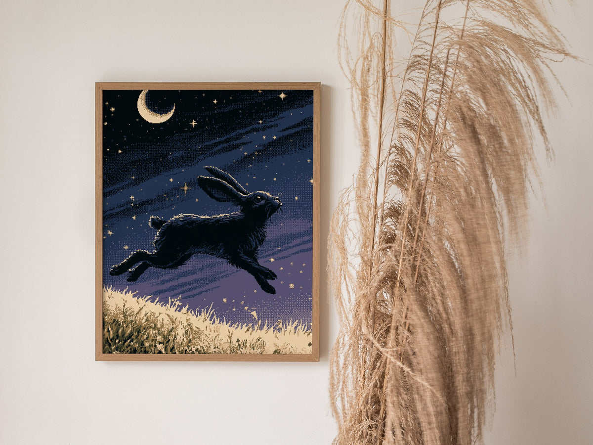Hare Carries Night Poster | Indigo and Gold Pixel Art Print | Retro Gaming Wall Art — styled in an interior