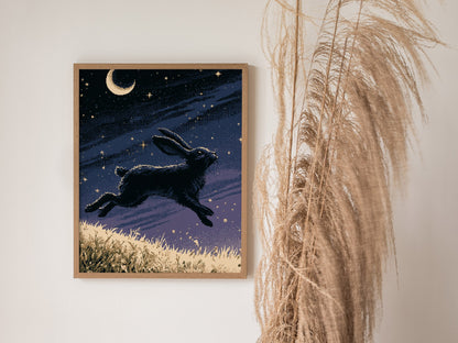 Hare Carries Night Poster | Indigo and Gold Pixel Art Print | Retro Gaming Wall Art — styled in an interior