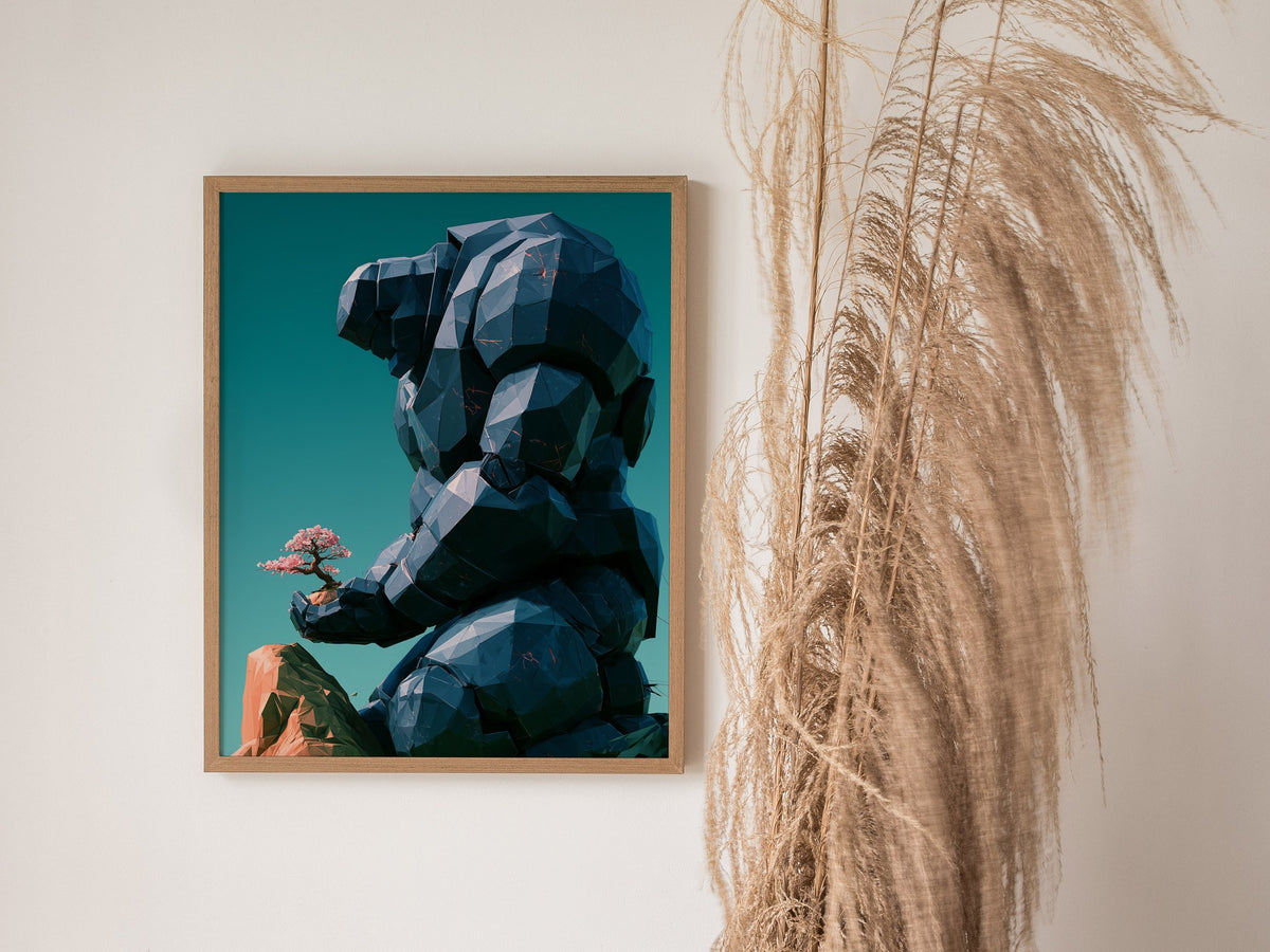 Golem Tends Blossom Poster | Navy and Teal Low Poly Art Print | Sci-Fi Wall Art — styled in an interior