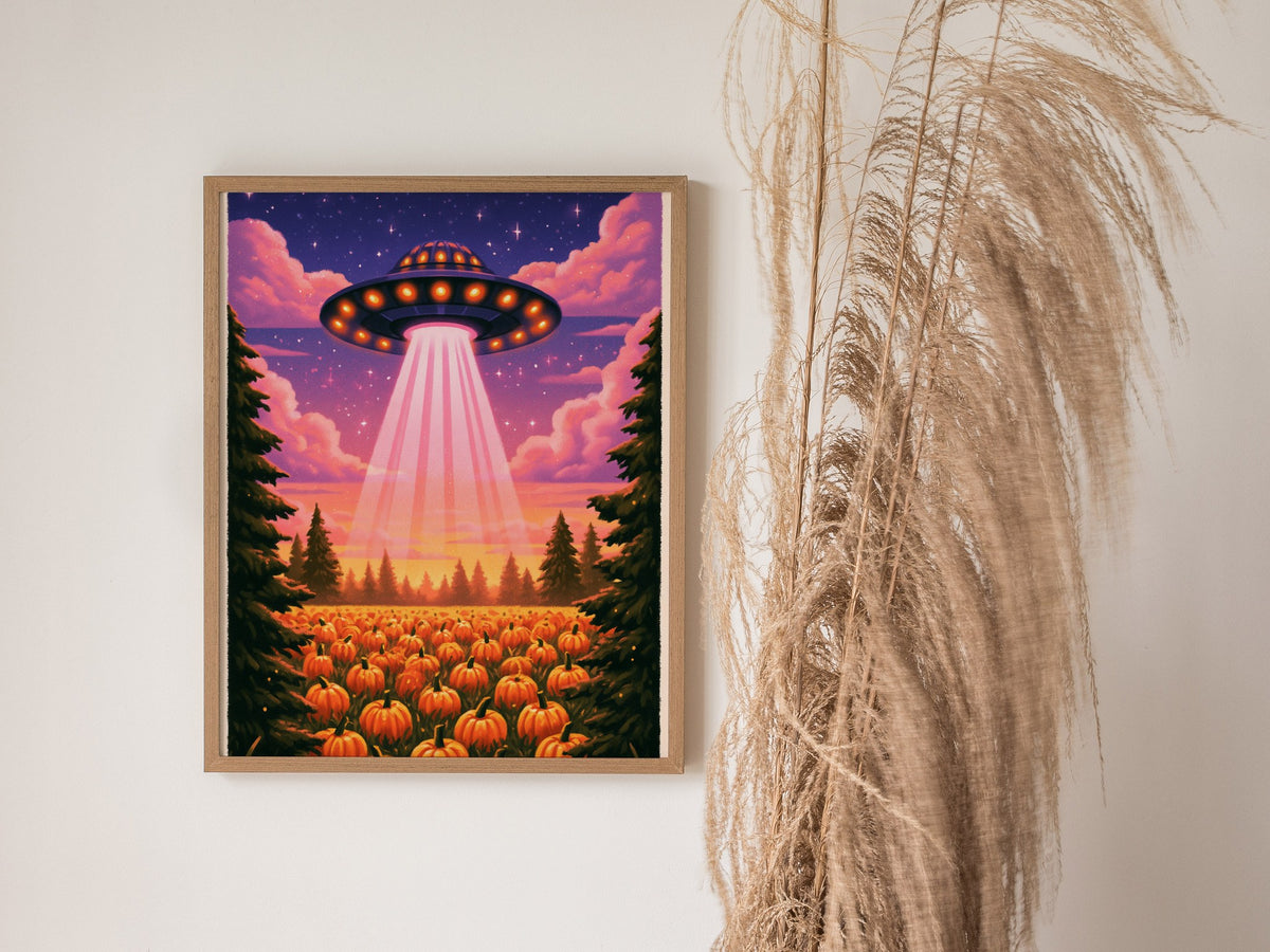 Gourd Harvest Poster | Orange and Purple Illustrative Art Print | Sci-Fi Wall Art — styled in an interior