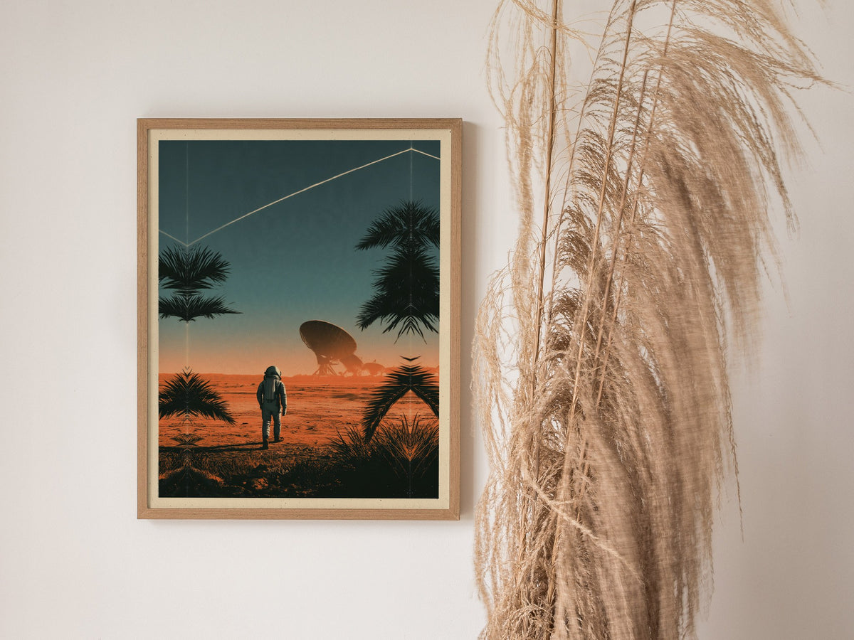 Astronaut Walks Shore Poster | Turquoise and Coral Screen Print Art Print | Sci-Fi Wall Art — styled in an interior