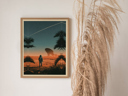 Astronaut Walks Shore Poster | Turquoise and Coral Screen Print Art Print | Sci-Fi Wall Art — styled in an interior