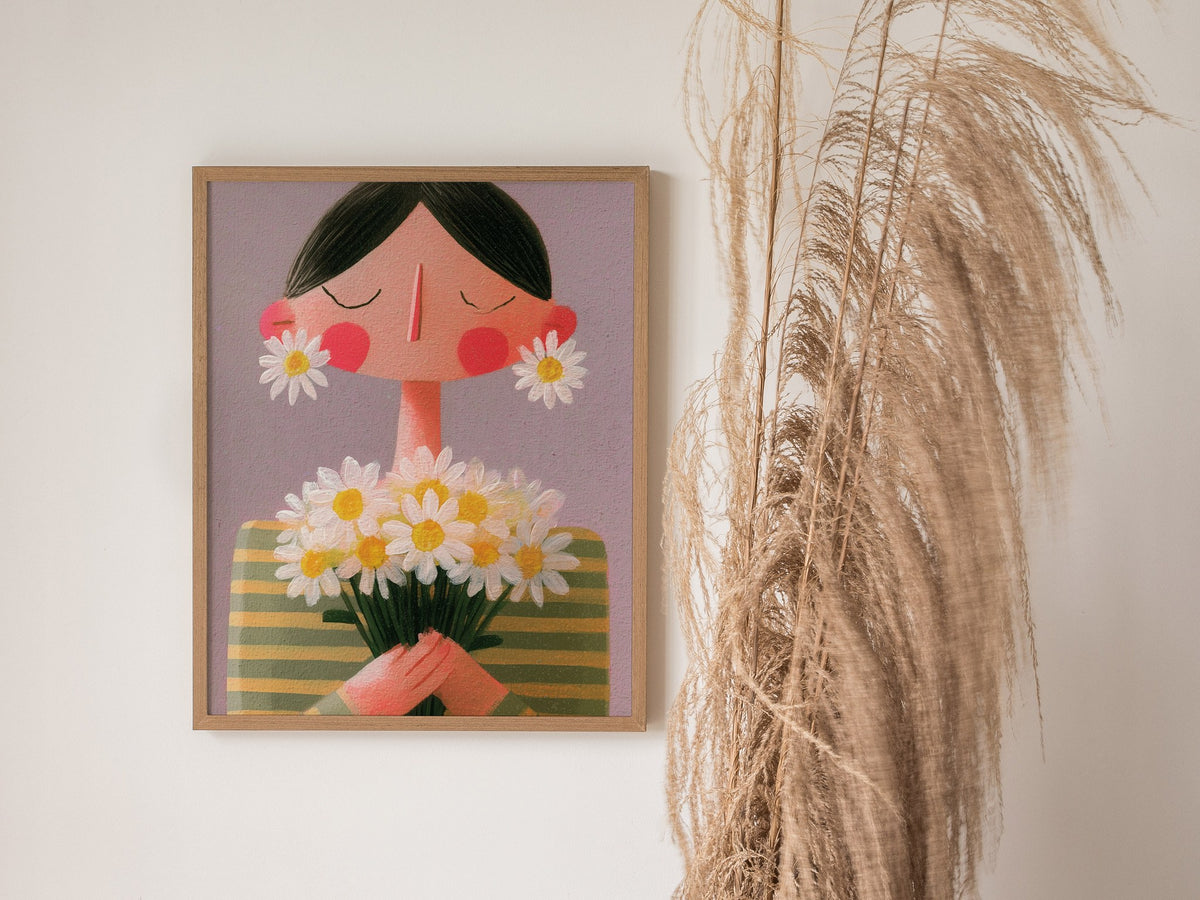 Daisy Earrings Poster | Sage and Butter Cute Art Print | Editorial Wall Art — styled in an interior