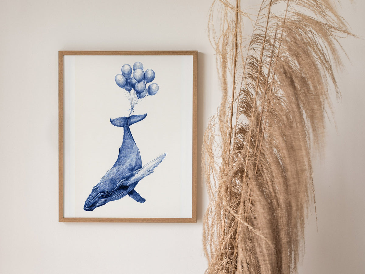 Whale Lifted Away Poster | Black and White Pen and Ink Art Print | Dark Fantasy Wall Art — styled in an interior