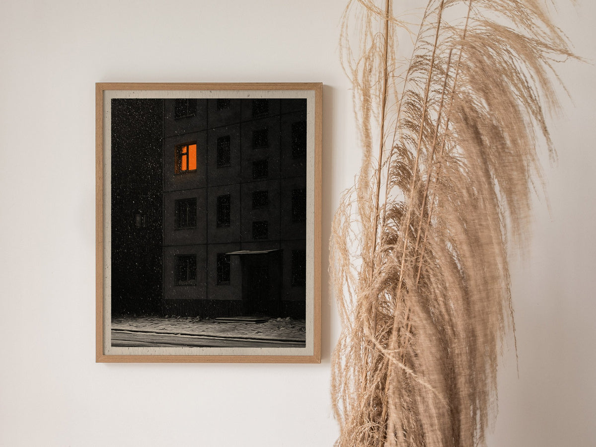 One Light Waits Poster | Black and Amber Pen and Ink Art Print | Dark Academia Wall Art — styled in an interior