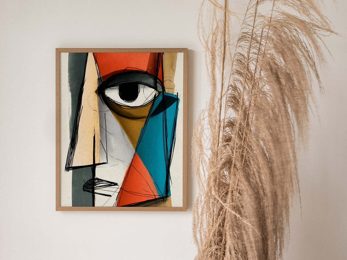 Fractured Gaze Poster | Teal and Burnt Illustrative Art Print | Modern Art Collectors Wall Art — styled in an interior