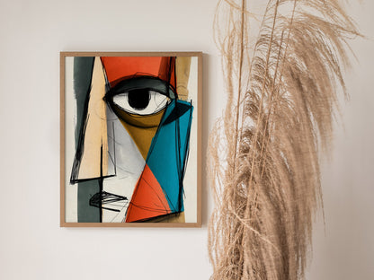 Fractured Gaze Poster | Teal and Burnt Illustrative Art Print | Modern Art Collectors Wall Art — styled in an interior